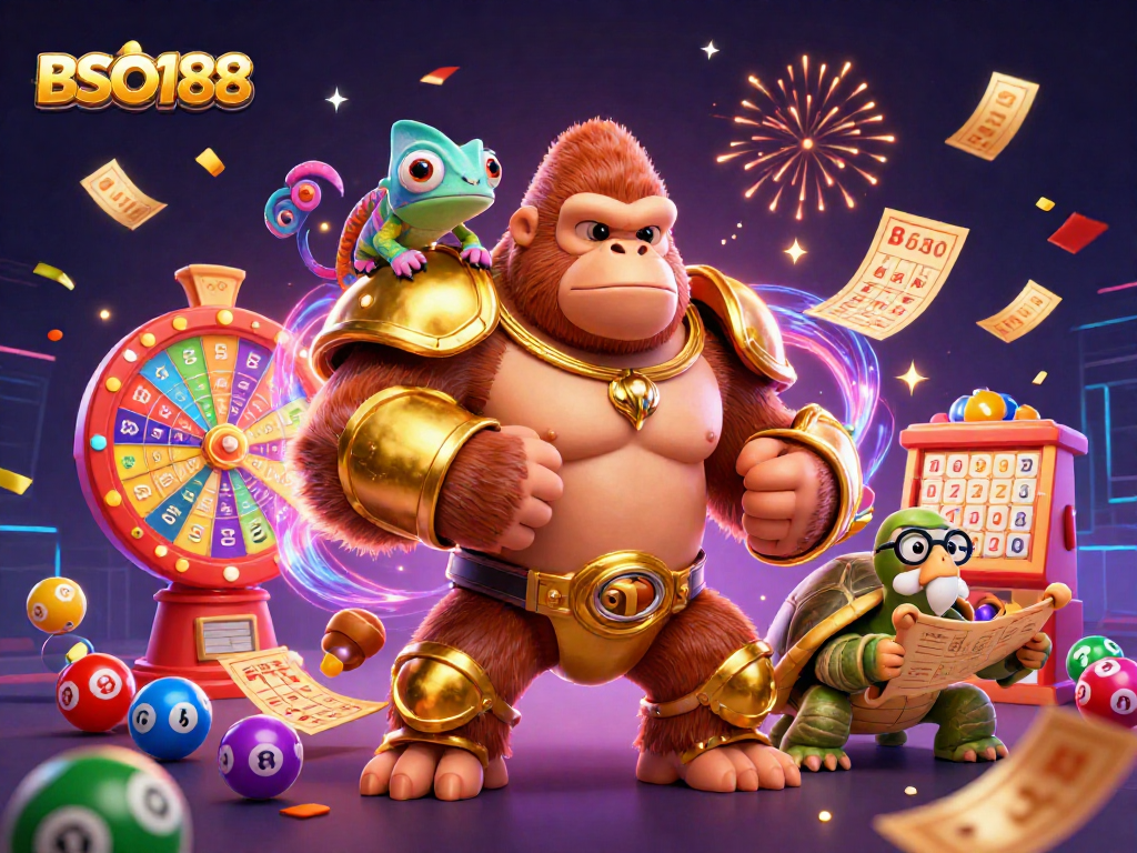 Experience the excitement of BSO188 with a vibrant casino-themed 3D illustration featuring dynamic game elements.