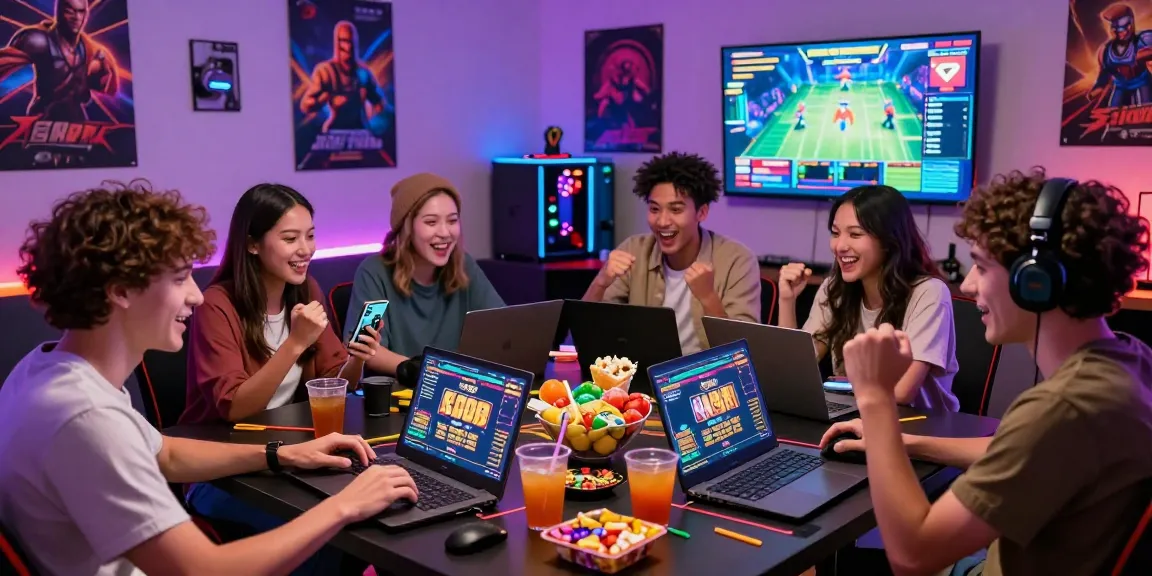 Friends enjoying a thrilling bandar slot gaming night with snacks and screens.