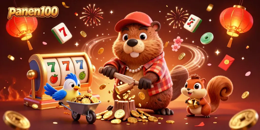 Engage with the exciting panen100 casino experience as the playful beaver collects coins in a vibrant scene.