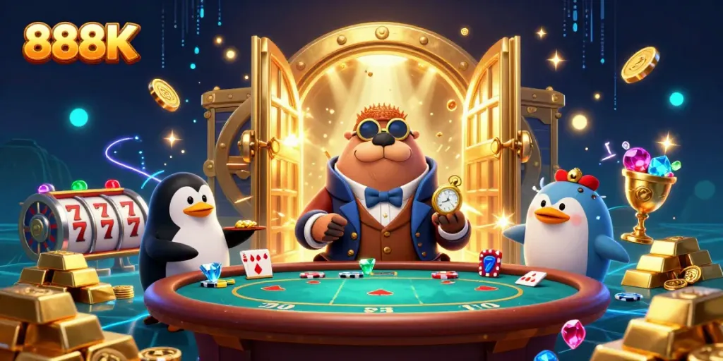 Engage with 888K's vibrant casino scene featuring a jolly walrus and friends at a lively poker table.
