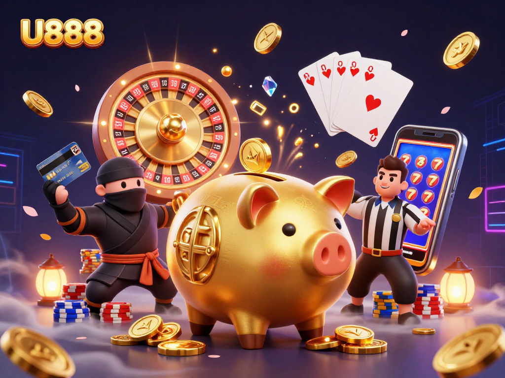 Experience U888's thrilling casino atmosphere with dynamic 3D characters and rich gold elements.