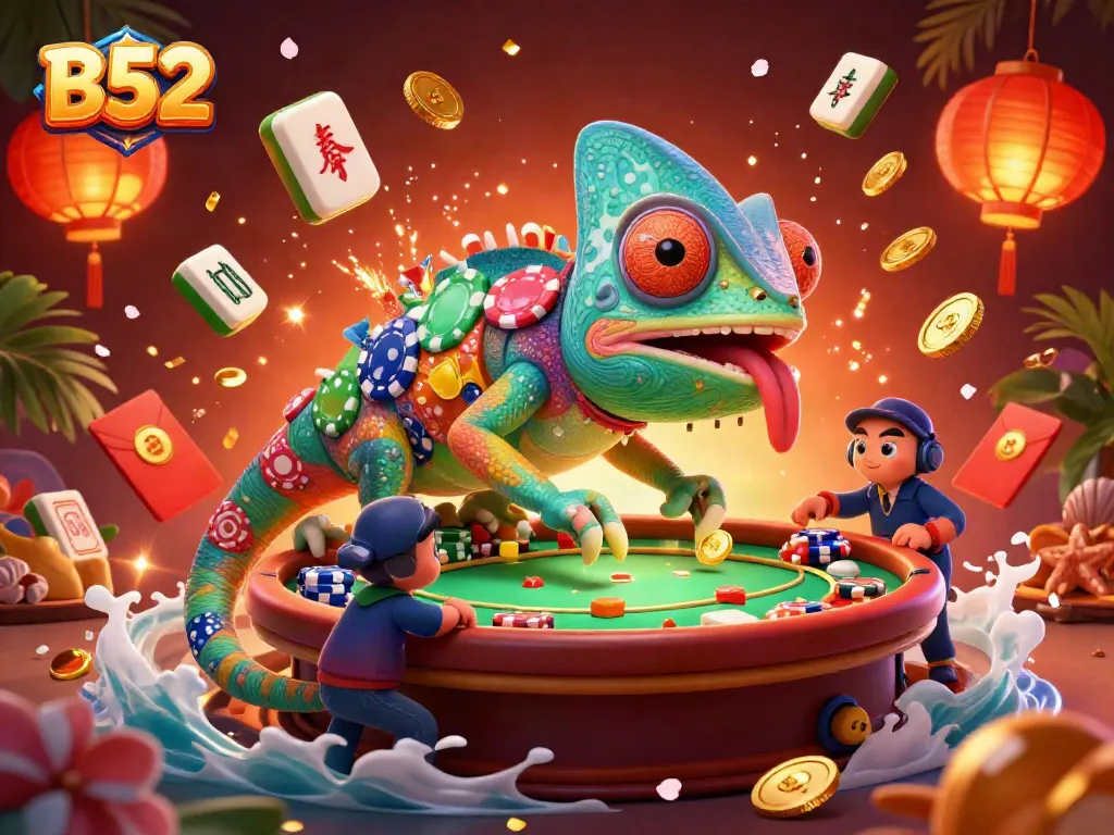 B52 casino illustration showcasing a colorful chameleon owner amidst dynamic gambling elements.