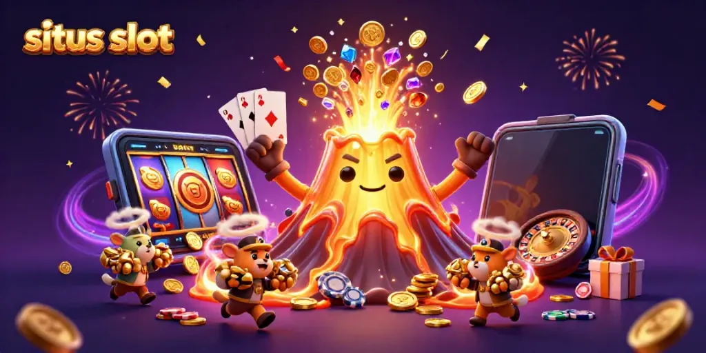 Experience thrilling situs slot action with a golden volcano erupting treasures in this vibrant illustration.