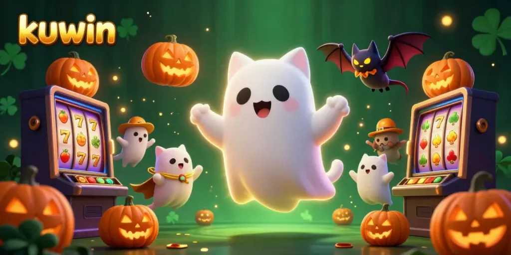 Engage with kuwin's friendly ghost cat in an enchanting haunted casino setting with dynamic gaming elements.