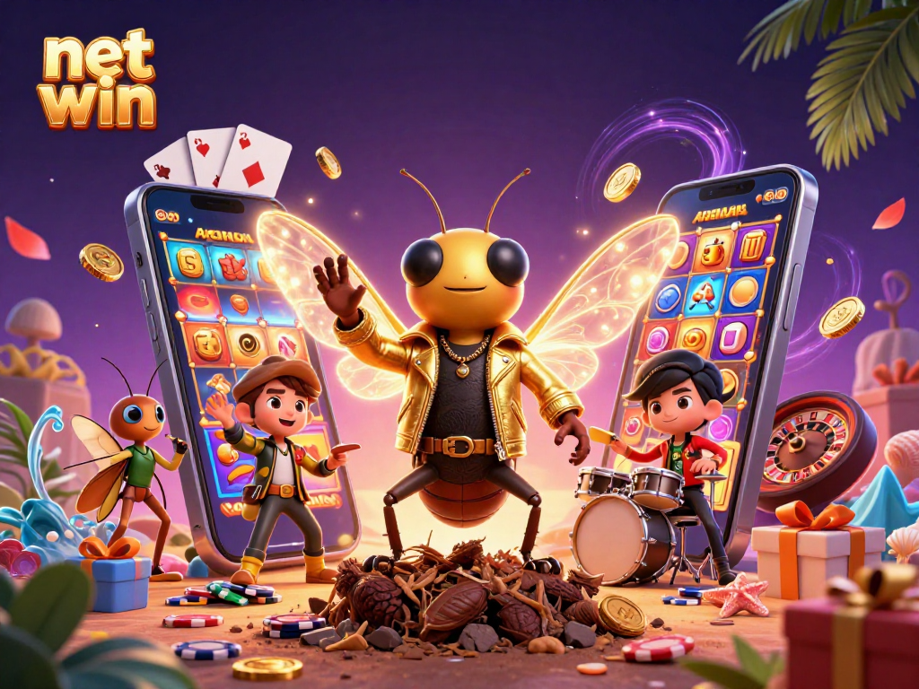 Spin to net win with a dynamic casino scene featuring a cicada rock star, beetle drummer, and slot games!