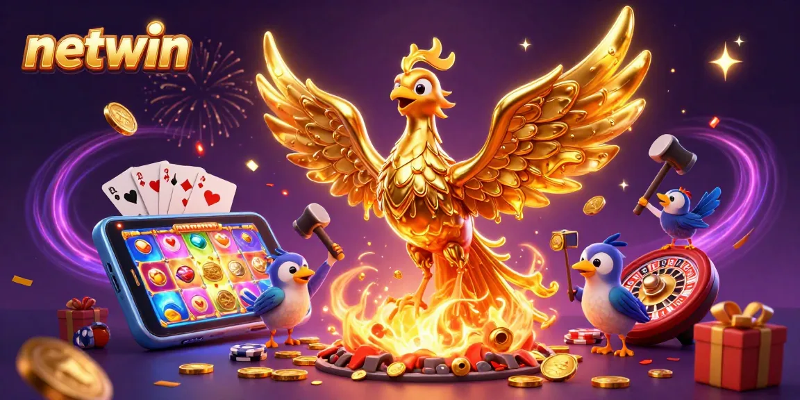 Experience netwin’s gaming adventure with a golden phoenix, exciting slots, and vibrant casino elements.