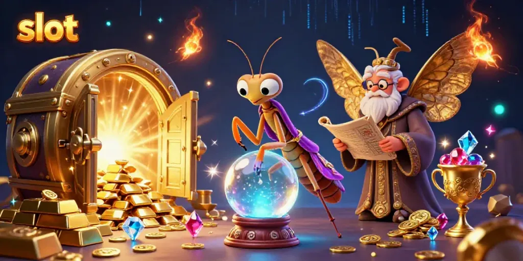 Slot menghasilkan keuntungan besar dengan karakter kasino dalam ilustrasi berwarna-warni.
