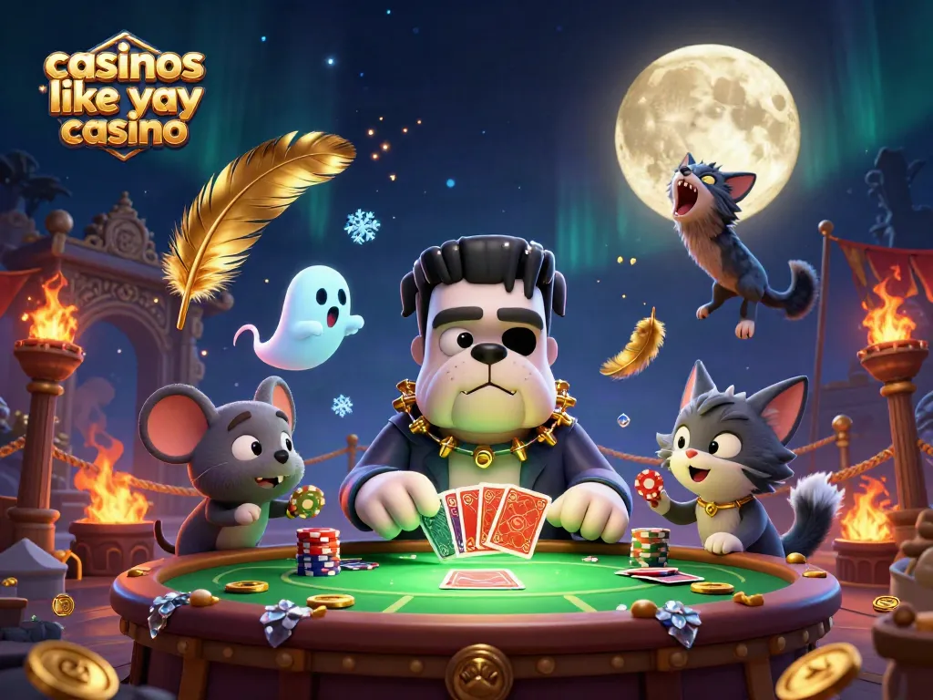 Engaging scene featuring casinos like yay casino with a 3D cartoon bulldog dealing cards at a spooky table.