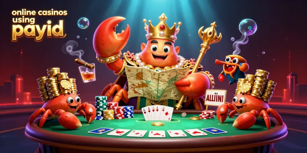 Experience the excitement at online casinos using payid with a vibrant 3D casino illustration filled with characters and game elements.