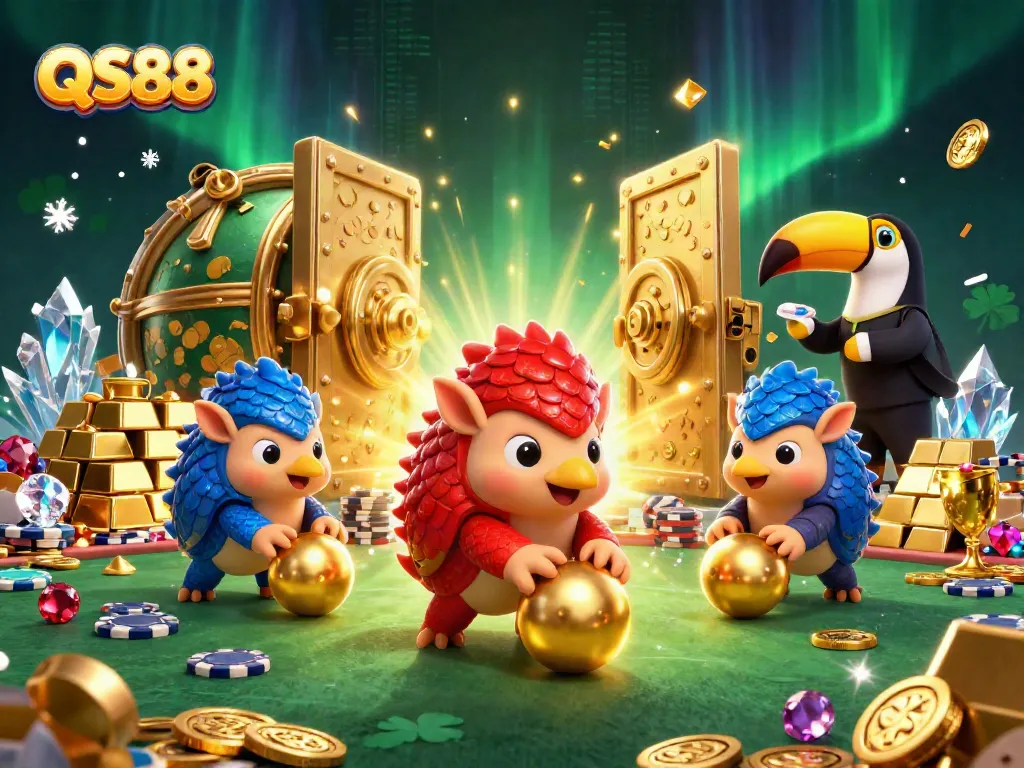 Experience thrilling gameplay with QS88's vibrant pangolin duo rolling and bowling through golden poker chips.