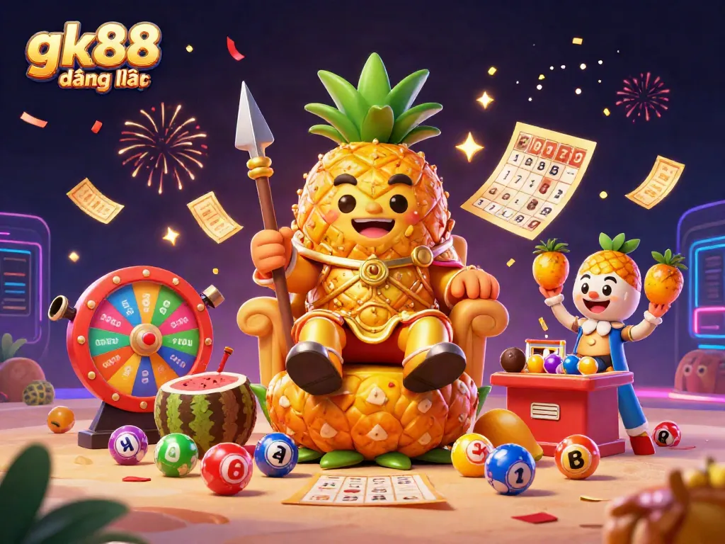 Experience thrilling gk88 đăng nhập with vibrant lottery elements and a celebratory casino scene featuring a golden pineapple king.