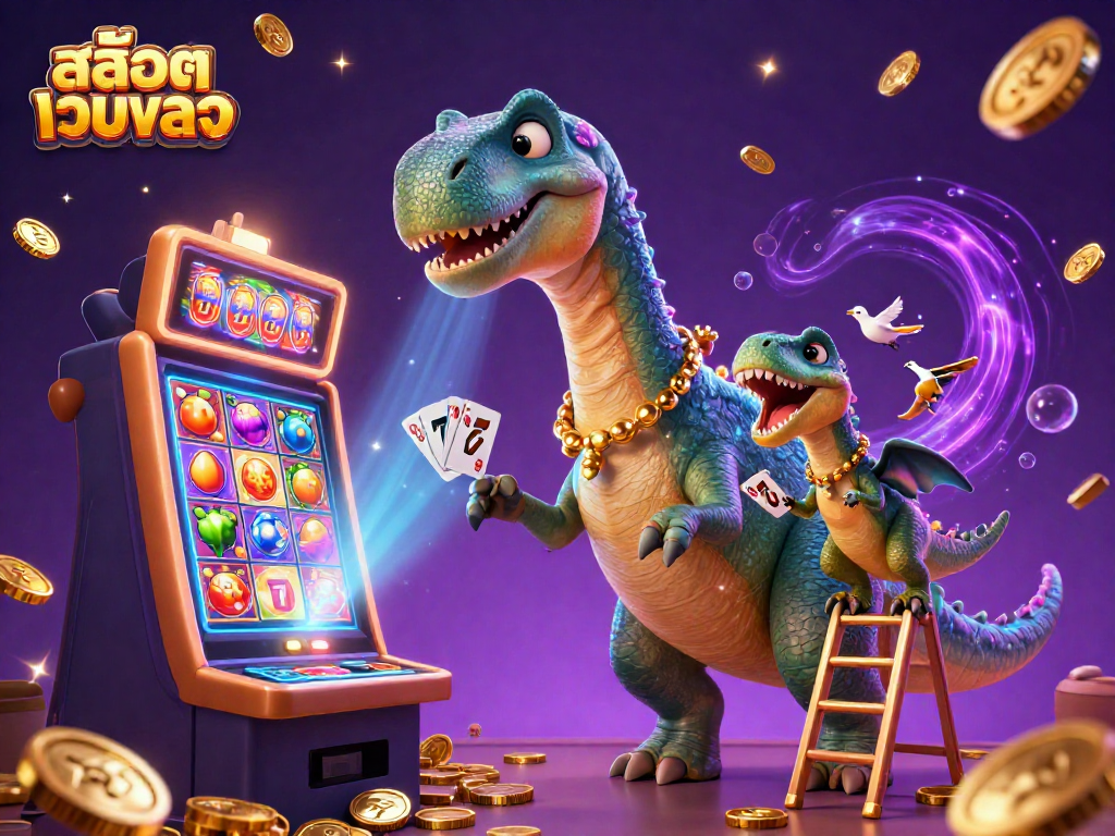 Spin and win with สล็อตเว็บตรง in this dynamic 3D casino illustration featuring a giant brontosaurus.