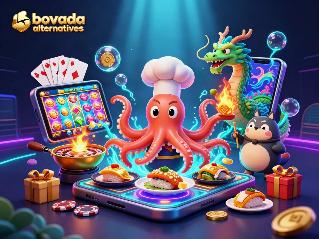 Engage in bovada alternatives with vibrant casino characters enjoying slot games and festive ambience.