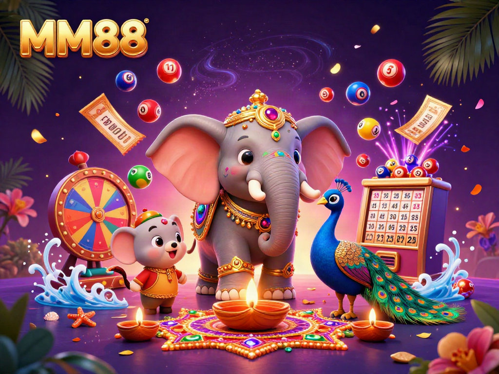 Win big with MM88 in this vibrant casino-themed 3D illustration featuring dynamic game elements.
