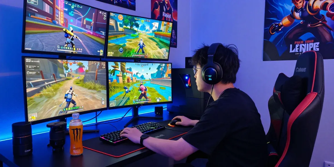 Engaging gaming scene with focused gamer amid vibrant porngames environment, featuring colorful screens, gaming gear, and dynamic energy.