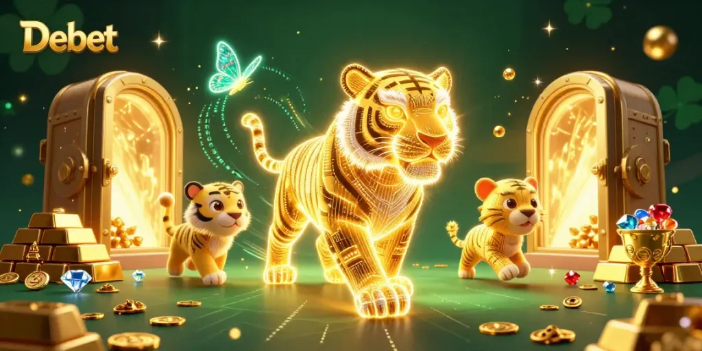 Experience the thrilling casino energy of Debet with a golden tiger in a dynamic digital landscape.