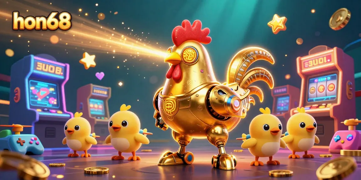 Experience exciting gaming at hon68 with the golden rooster robot and arcade elements.