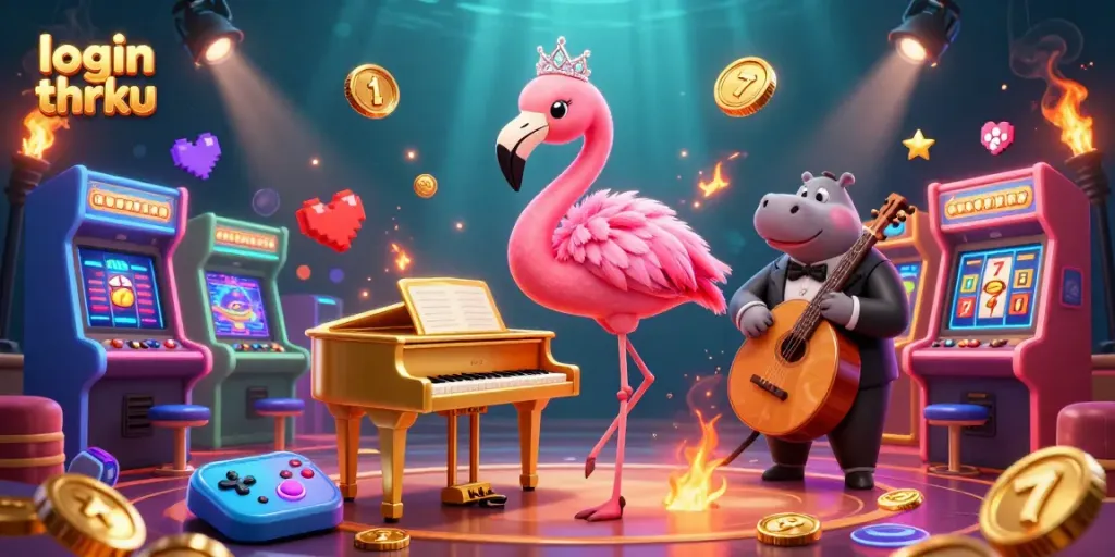 Experience the thrill of gambling with login thrku in a vibrant casino scene featuring a flamingo singer and hippo bassist.