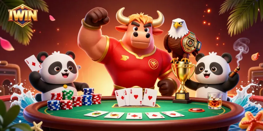 IWIN showcases a victorious bull mascot celebrating casino wins with poker elements around