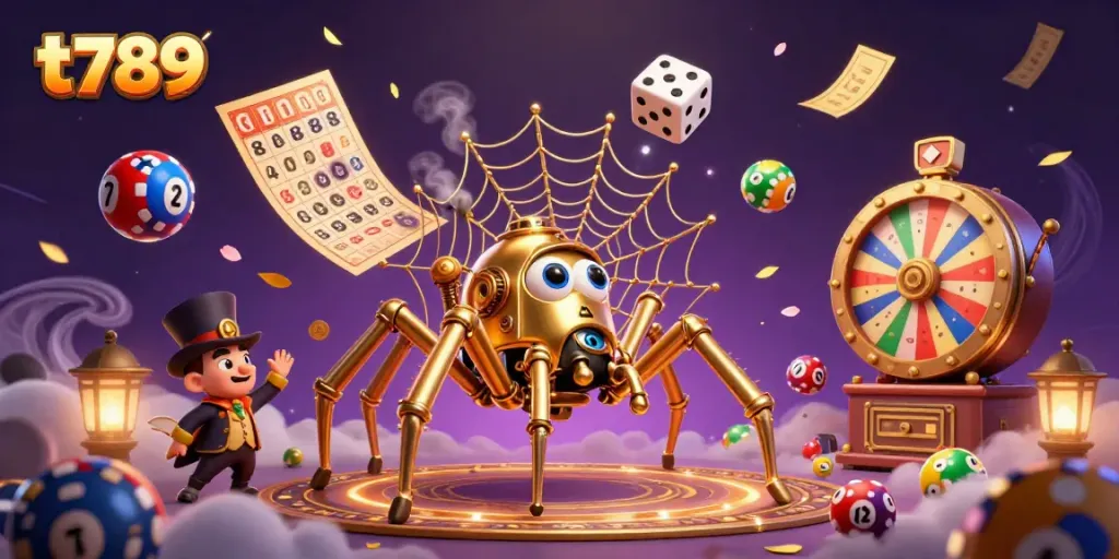 Engaging t789 casino illustration with golden spider and dynamic lottery elements