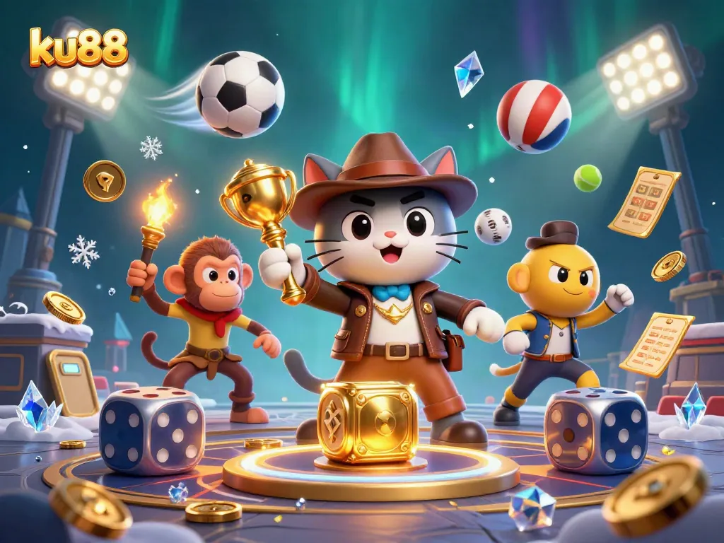 Experience exciting gameplay with ku88 as an explorer cat discovers casino treasures in a dynamic scene.
