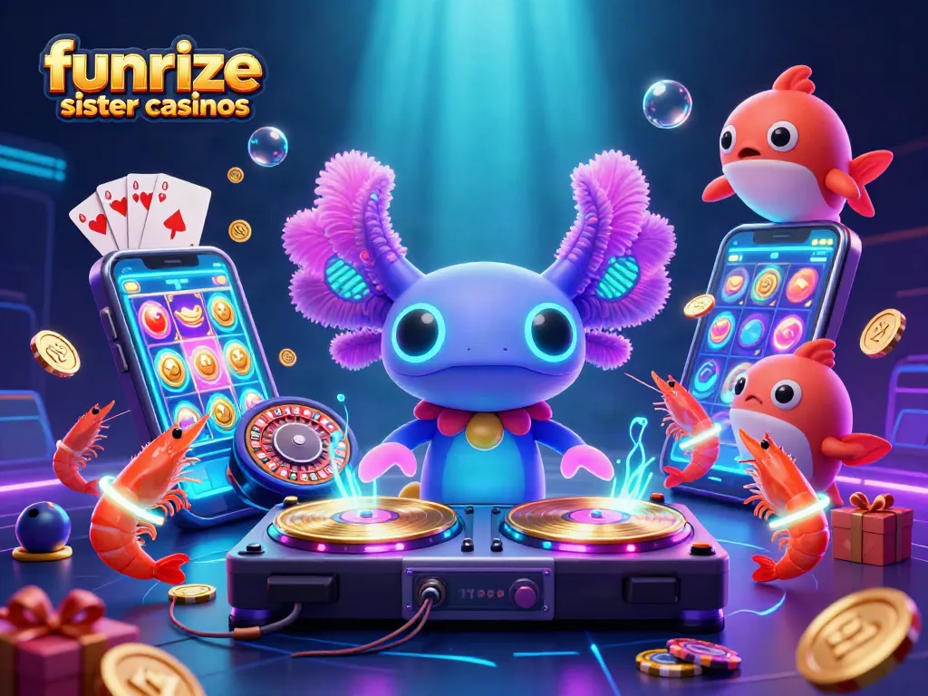 Engage with funrize sister casinos through a vibrant 3D casino scene featuring lively characters and game elements.