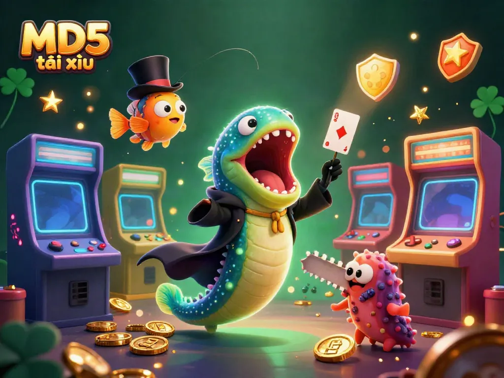 Engaging illustration of MD5 tài xỉu gaming scene featuring a gulper eel magician, anglerfish, and sea cucumber, combining action and casino elements.
