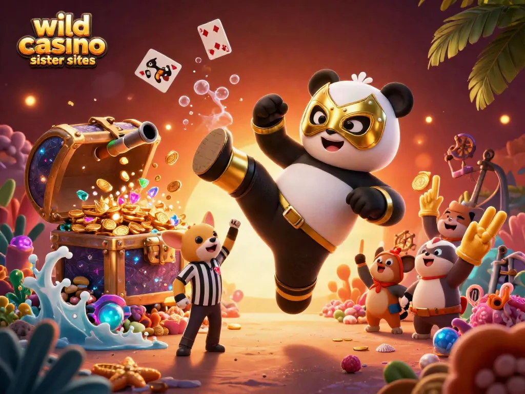 Engage with wild casino sister sites in a vibrant 3D cartoon action scene featuring characters and gaming elements.