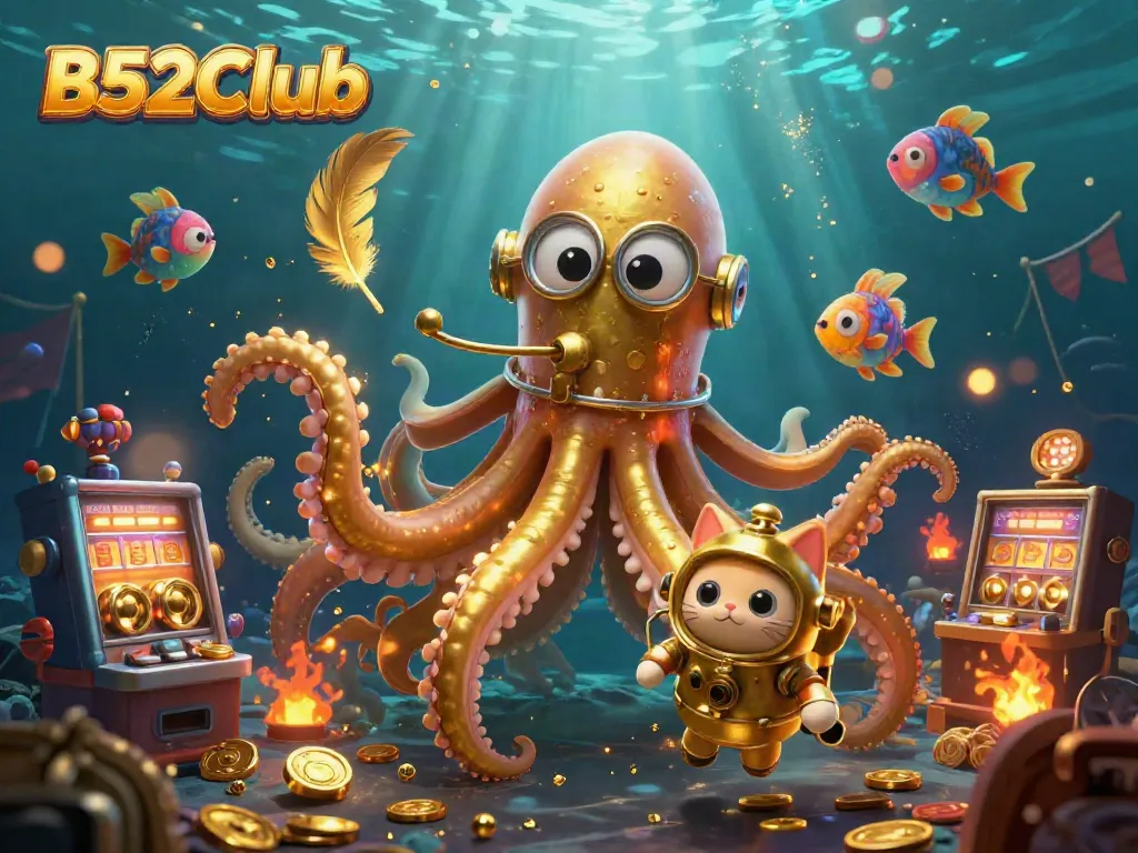 B52Club showcases players navigating a vibrant underwater casino environment filled with gold coins and thrilling games.