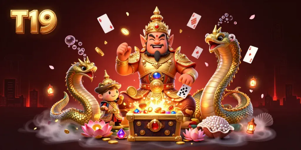 Experience fun at T19 with a 3D illustration of a temple guardian amidst treasure and gaming elements.