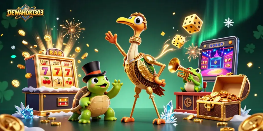 Mesin slot DEWAHOKI303 meledak dengan koin, diapit karakter ceria