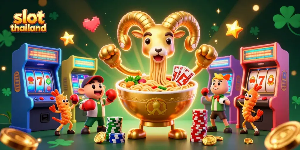 Experience the thrill of slot thailand with vibrant characters and playful elements in this captivating 3D illustration.