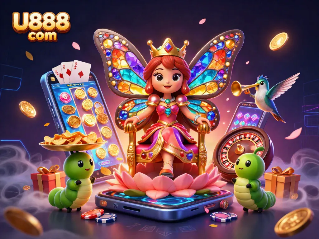 Experience vibrant gaming at U888 com with the cartoon butterfly queen in a rich 3D casino scene.