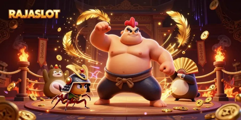 RAJASLOT menghadirkan ilustrasi 3D kartun yang menggambarkan karakter karismatik dalam arena judi.