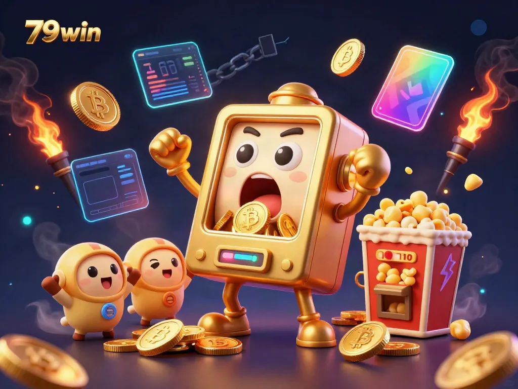 79win casino game scene with a golden slot machine hitting the jackpot, surrounded by cheering baby slots and gold coins.