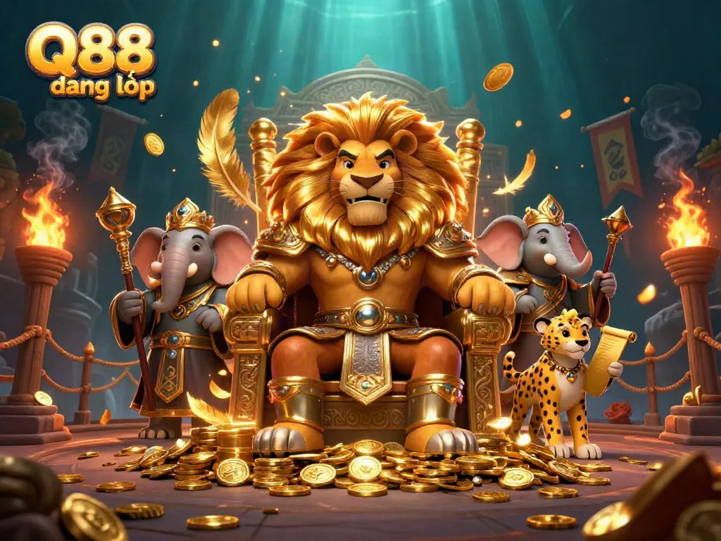 Experience the excitement of Q88 đăng nhập with a captivating illustration of a fierce lion king and accompanying characters in a vibrant casino setting.