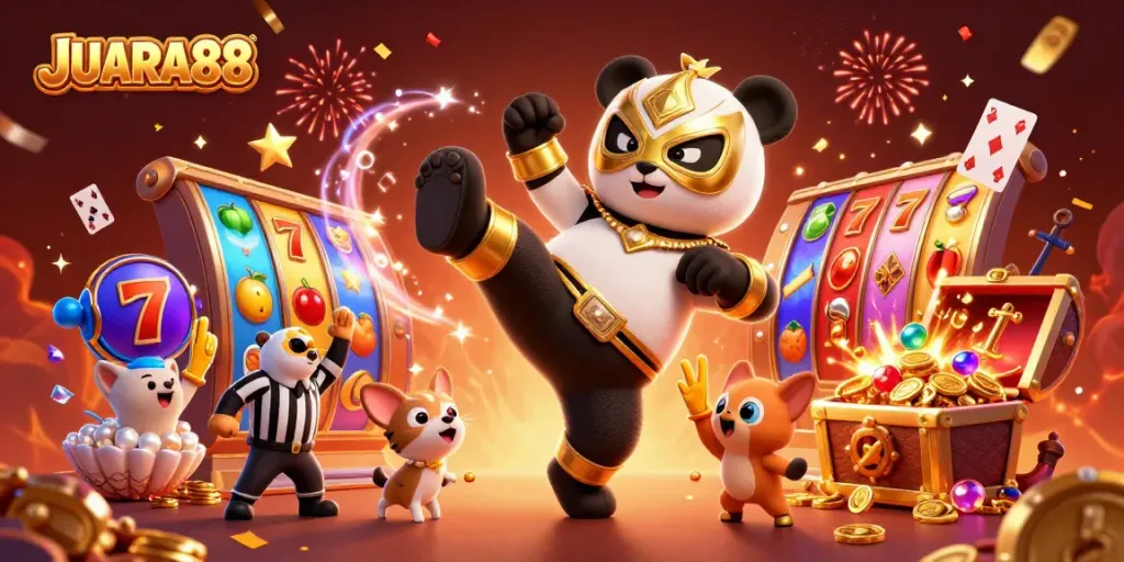 Experience gaming excitement with JUARA88 as a panda fighter and referee cheer with slots and treasure around.