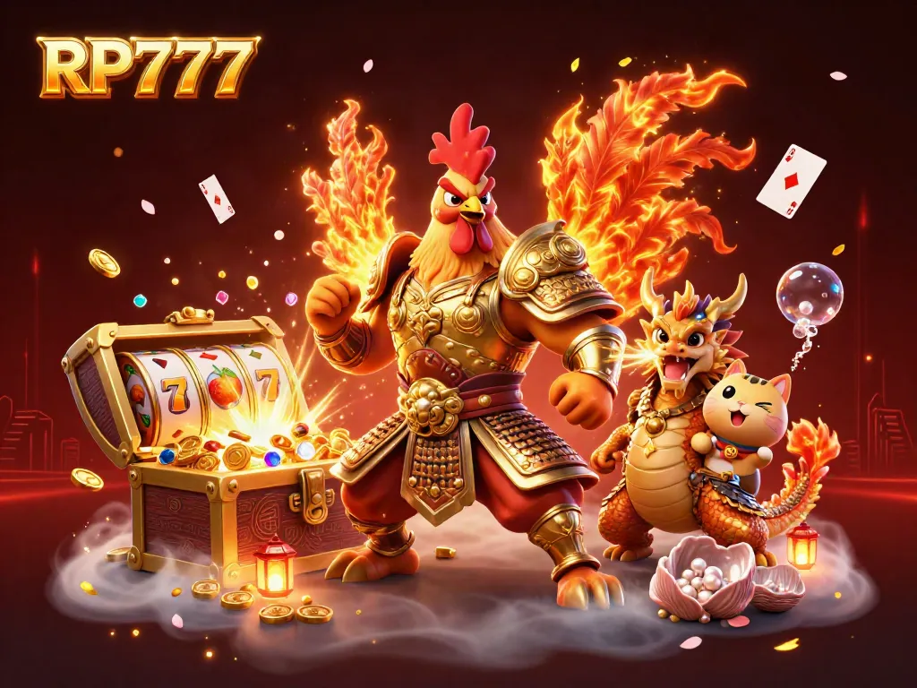 Engage in thrilling gaming with RP777 featuring a rooster warrior, dragon hatchling, and festive elements.
