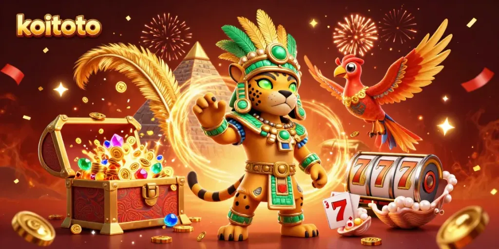 Koitoto showcases a Mayan jaguar priest amidst vibrant casino visuals, winning big with slot machines and treasures.