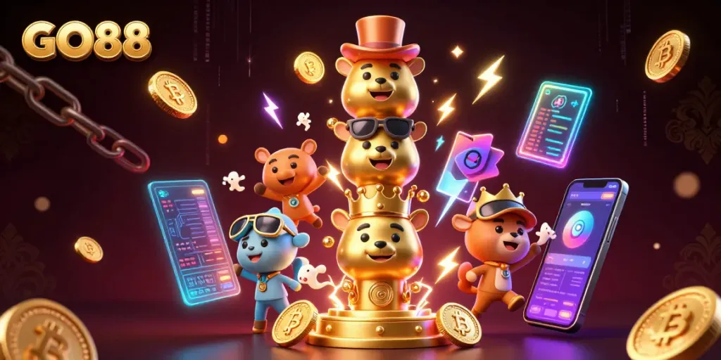 Engage with GO88's vibrant casino experience featuring a dazzling 3D totem and crypto coins.