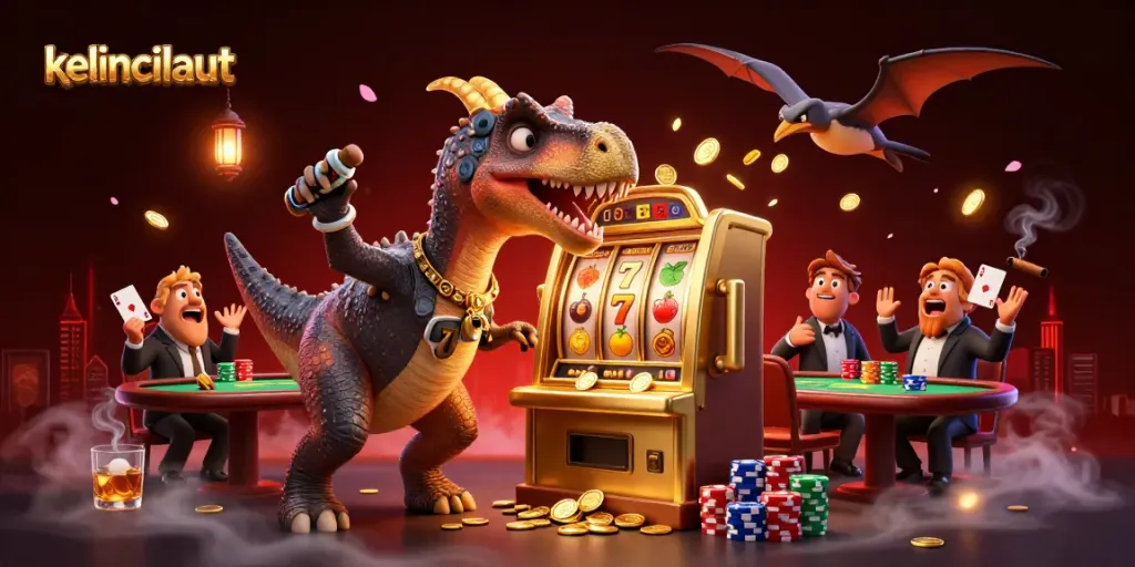 Kelincilaut showcases a pachycephalosaurus winning jackpots at a vibrant casino scene filled with excitement.