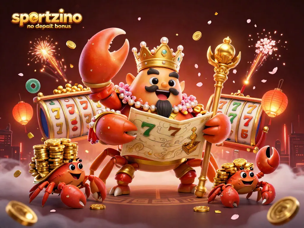 Use the Sportzino no deposit bonus, while playing slots with a lavish golden crab emperor illustration.