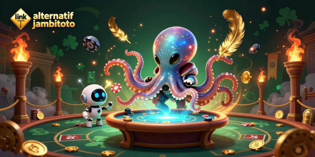 Experience the thrilling ambiance of link alternatif jambitoto with a vibrant octopus dealer at a galactic poker table.