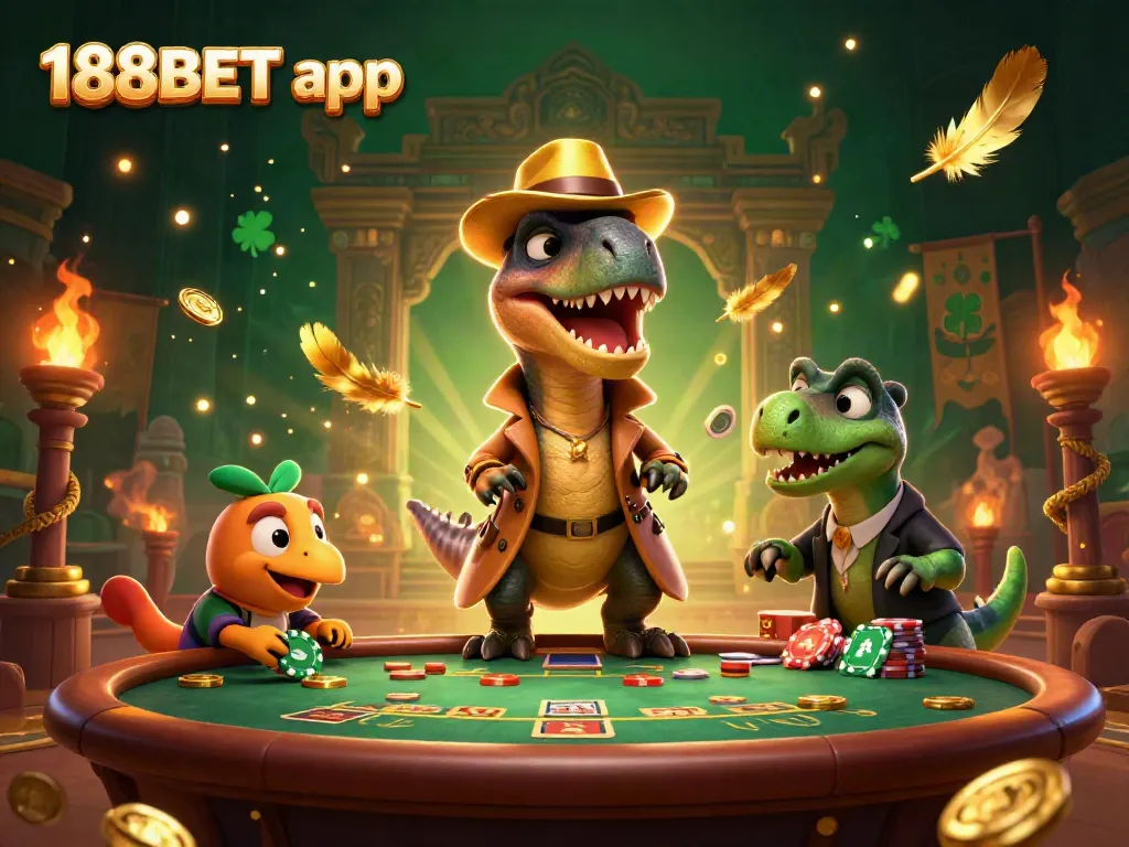 Experience the thrill of betting with the 188BET app at a vibrant casino scene featuring animated dinosaurs.