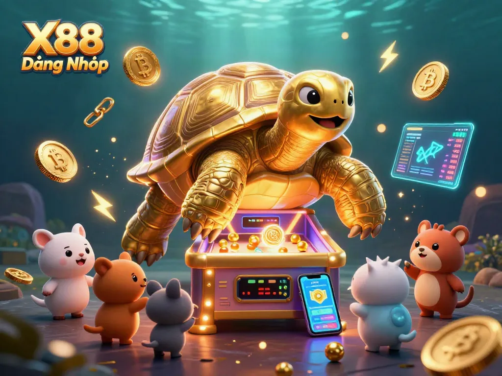 X88 Đăng Nhập gaming experience with a golden tortoise pinball machine in a vibrant casino scene