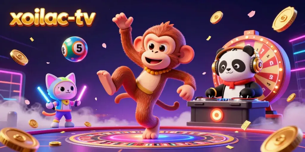 Xoilac-tv captivates with a lively 3D illustration of a DJ panda, breakdancing monkey, and glowing kitten amidst casino-themed elements.