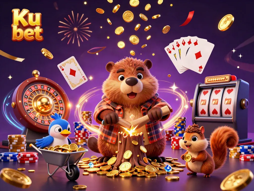 Experience the thrill of Ku bet with a vibrant 3D casino scene featuring lucky characters and golden coins.