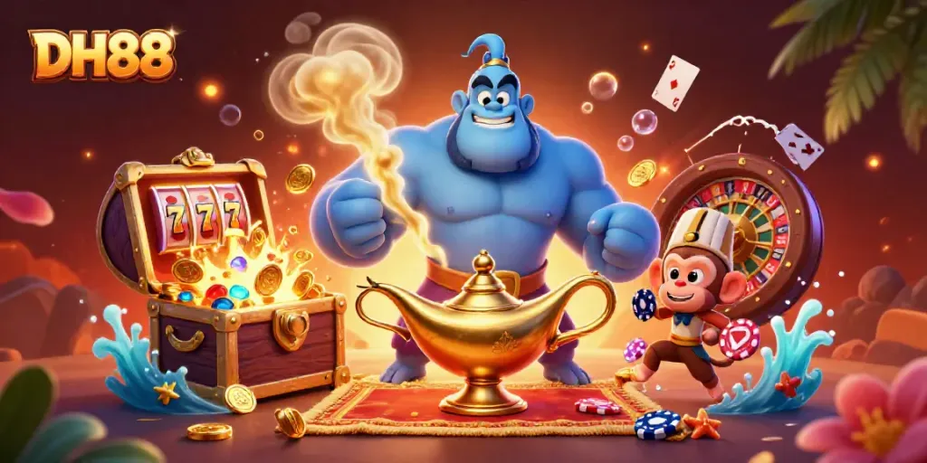 Experience thrilling moments with DH88 as a genie reveals rich casino treasures and lively games.