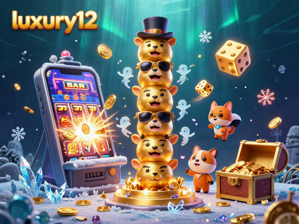 Experience the excitement of luxury12 with this vibrant 3D casino scene showcasing a jackpot bursting from a slot machine.