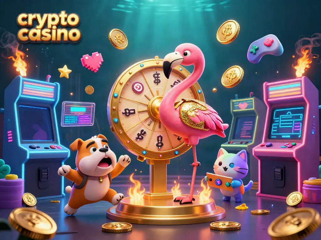 Spin the prize wheel at this vibrant crypto casino scene filled with colorful characters and gaming elements.